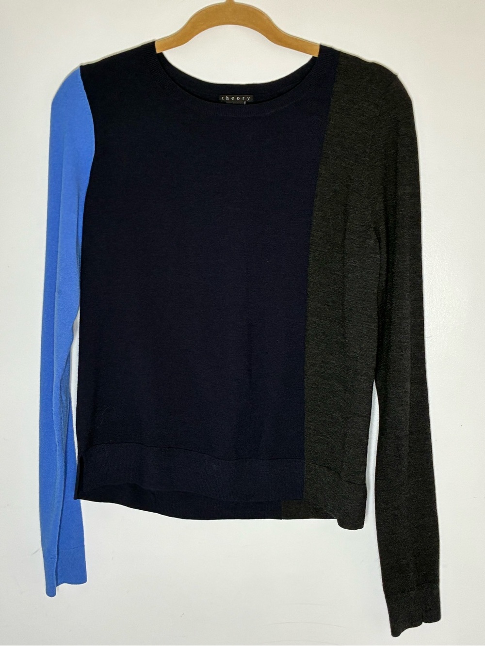 Women's Wool Color Block Sweater Navy Blue Gray Lightweight Large